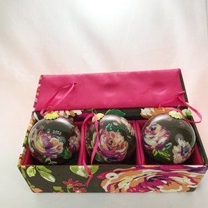 Vera Bradley "English Rose" Christmas Glass Ornament Trio With Padded Box 2012